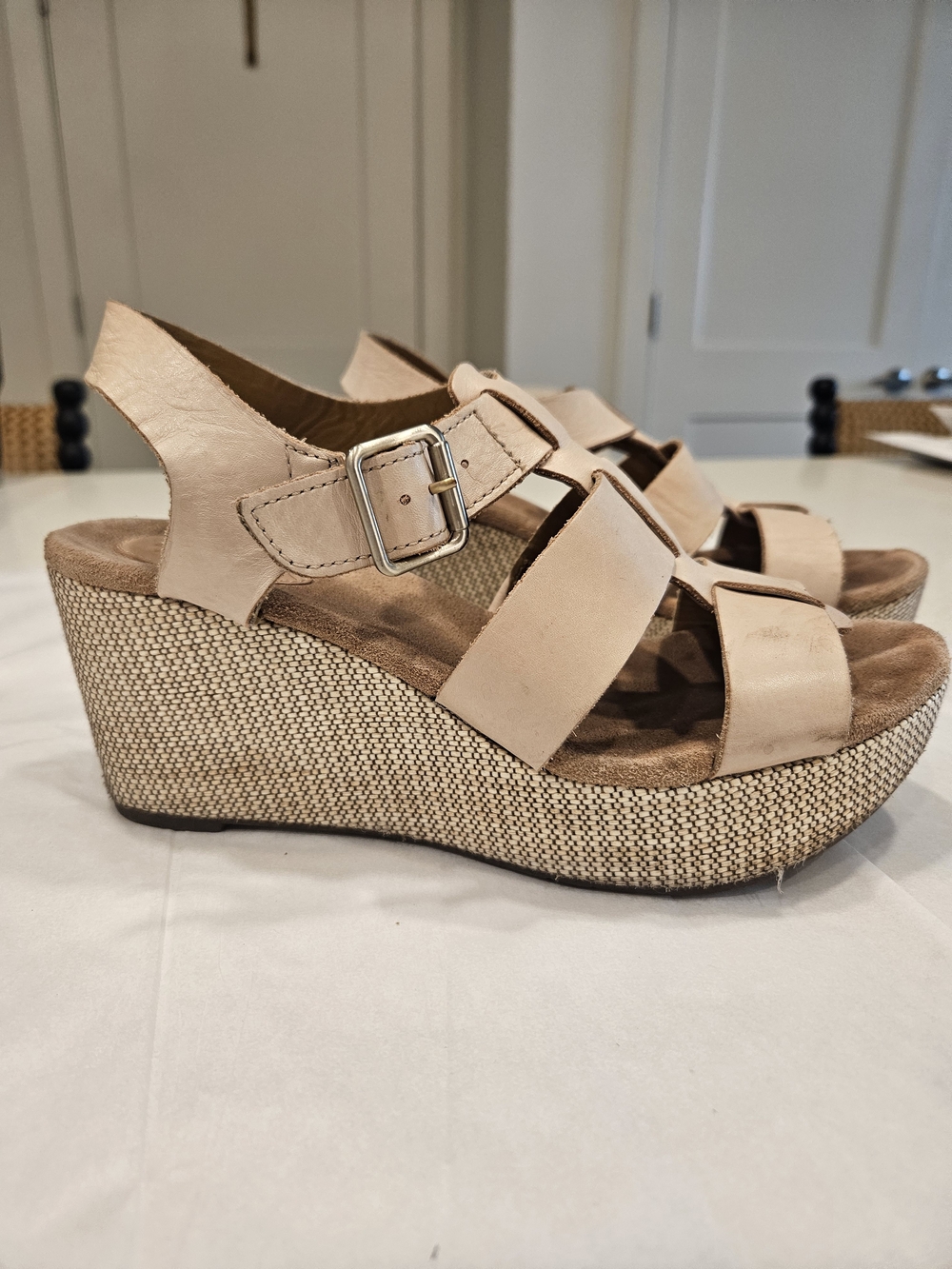 Clarks Light Beige Wedge Sandals with Buckle Straps